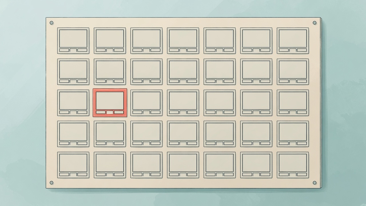 A board of blank video frames, with one frame marked