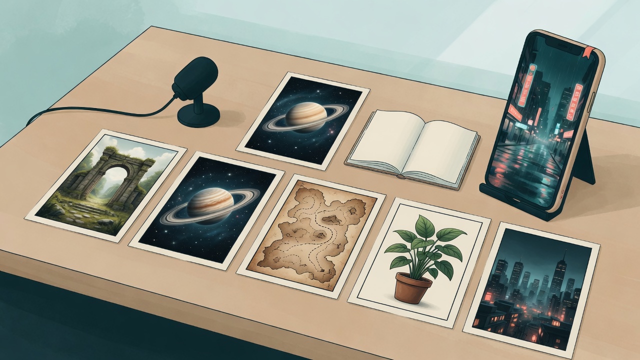 Illustrated cards of places, a planet, a book, a map, and a plant