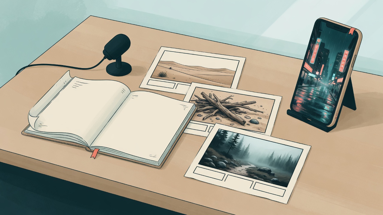A desk with a notebook, a microphone, storyboard frames, and a phone